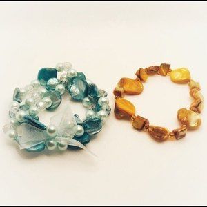 Stone Beaded Pearl MOP Stretch Bracelet Set Blue Yellow
